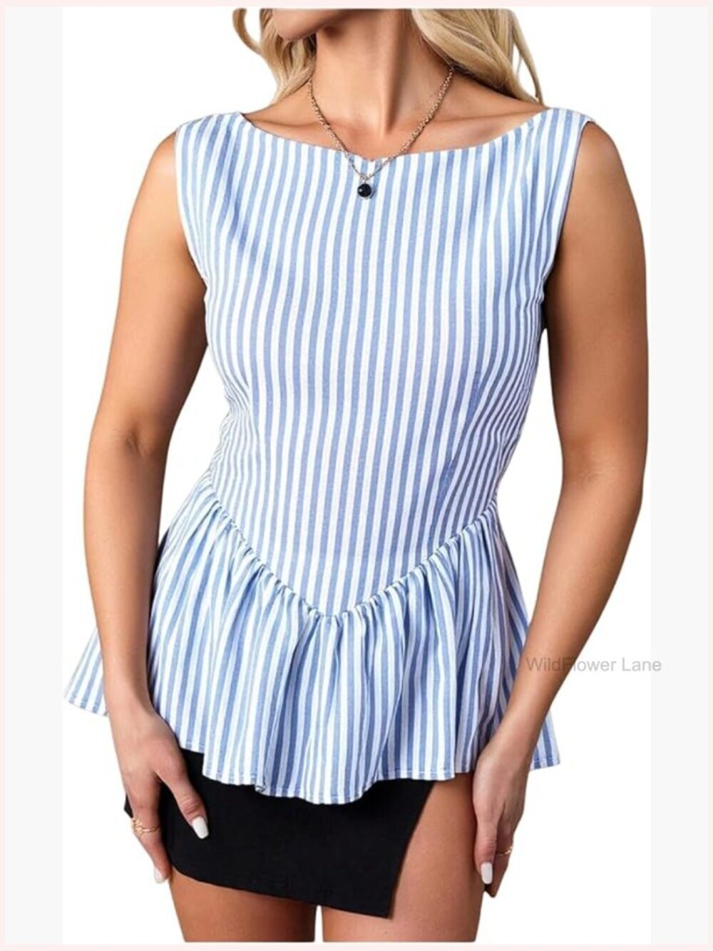 Striped Peplum Top Sleeveless Crew Neck Blouse Office Work Tunic